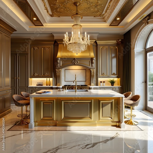 Luxurious Gold Kitchen with Marble Island and Chandelier photo