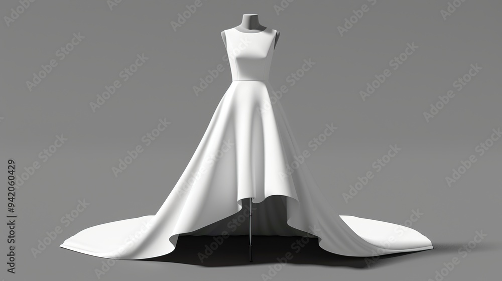 A white sleeveless wedding dress with a long train and a fitted bodice on a mannequin against a gray background. A white sleeveless wedding dress with a long train and a fitted bodice on a mannequin against a gray background.