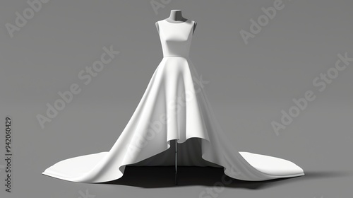A white sleeveless wedding dress with a long train and a fitted bodice on a mannequin against a gray background.