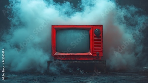 Wallpaper Mural A vintage red television set sits on a wooden platform, with a thick cloud of smoke behind it. Torontodigital.ca