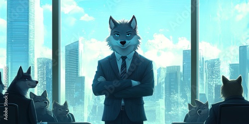 Wolf in suit overlooking city with other wolves. photo