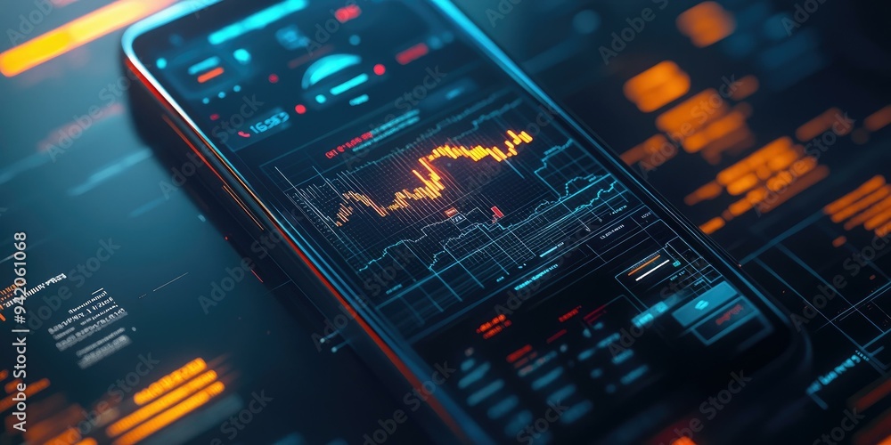 Phone displaying stock market data and graphs. Phone displaying stock market data and graphs.