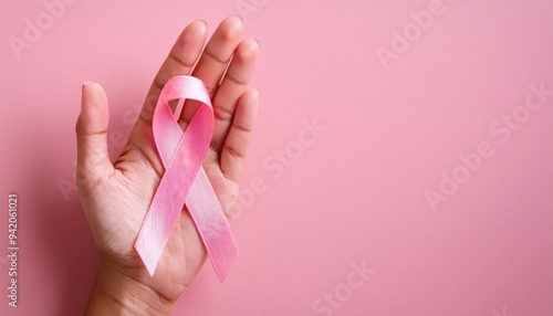 woman hand hold Pink Ribbon Pink October Breast Cancer Awareness month National cancer survivors month, Mother and World cancer day concept
