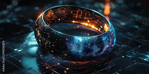 Glowing ring with data on a circuit board.