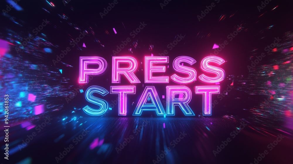 Press Start neon text with glitch and motion blur effects background. Press Start neon design for digital games. Press Start neon text with glitch and motion blur effects background. Press Start neon design for digital games.