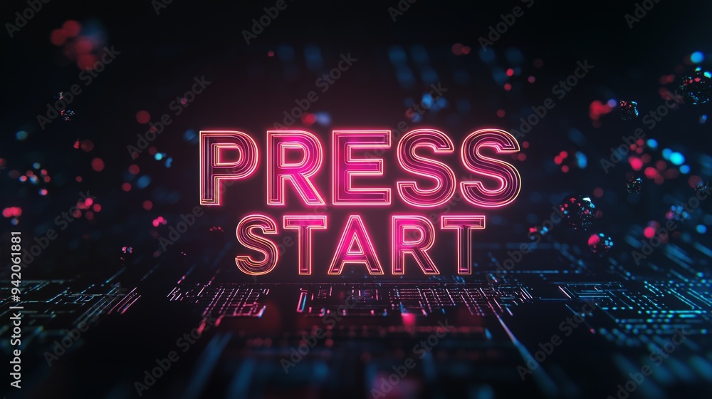 Press Start neon text with glitch and motion blur effects background. Press Start neon design for digital games. Press Start neon text with glitch and motion blur effects background. Press Start neon design for digital games.