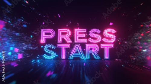 Press Start neon text with glitch and motion blur effects background. Press Start neon design for digital games.