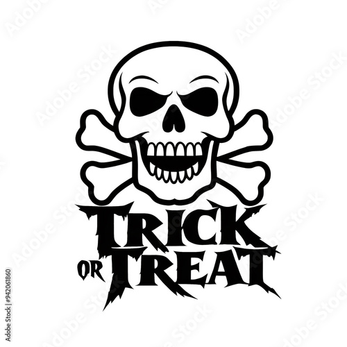 Black and white graphic with skull, crossbones, and "TRICK OR TREAT" in bold, jagged font, Halloween-themed design, generative ai