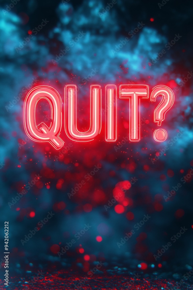 Quit? neon text with glitch and motion blur effects background. Quit? neon design for digital games. Quit? neon text with glitch and motion blur effects background. Quit? neon design for digital games.