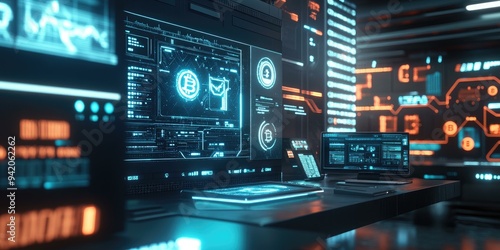 Futuristic workspace with glowing Bitcoin symbol.