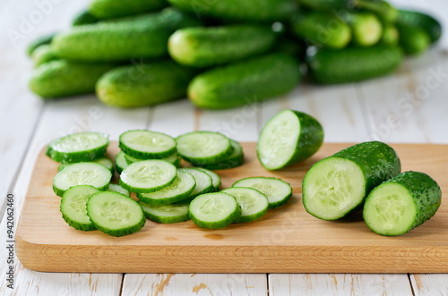 Whole and sliced fresh cucumbers on a cutting board on a wooden table, selective focus. photo