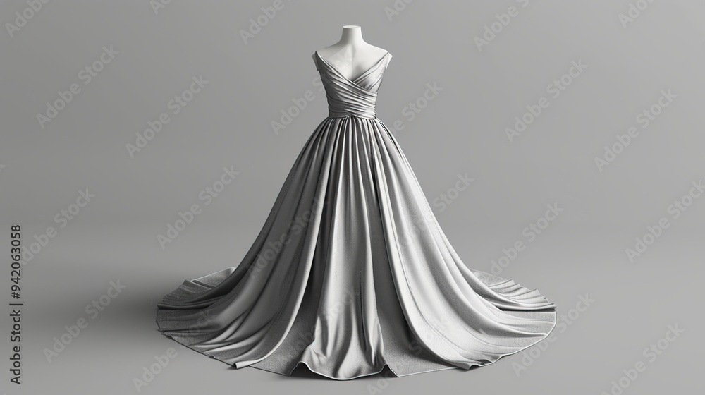 A silver gown with a v-neckline and a flowing skirt, displayed on a white mannequin against a gray background. A silver gown with a v-neckline and a flowing skirt, displayed on a white mannequin against a gray background.