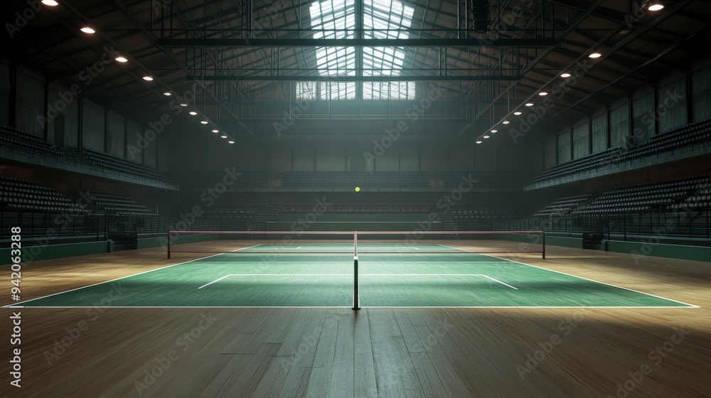 Fototapeta premium A spacious indoor tennis court with natural light and empty seating.