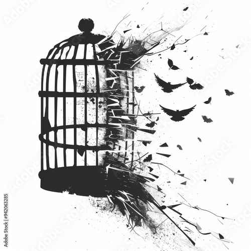 Minimalistic style illustration of a broken cage with shattered bars, symbolizing the release of suppressed anger like free birds background