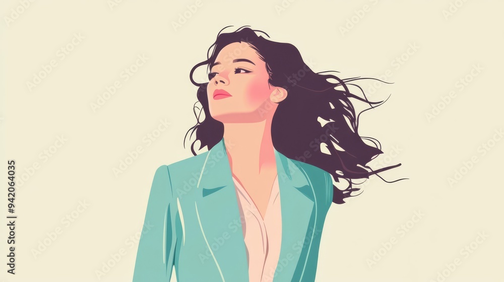 Professional siren lady in a blazer and dress, flat , minimalist style, soft pastel colors, mermaidinspired design