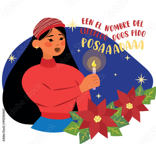 ilustración mujer con vela pidiendo posada en fiesta de Posada navideña Tradición México