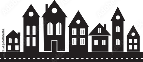 set of houses silhouette isolated on white background