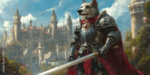 Wolf knight stands before a castle.