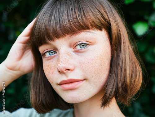 Close-Up Portrait of Young Woman with Freckles in Soft Natural Light, Emphasizing Delicate Features  photo