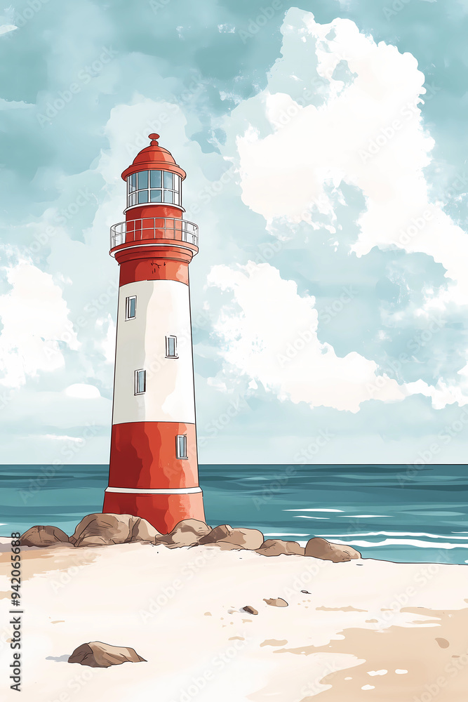watercolor lighthouse on the beach cartoon-style children's book illustration. Lighthouse or searchlight on sea landscape. Seaside coast with blue water, clouds on sky, lighthouse building. watercolor lighthouse on the beach cartoon-style children's book illustration. Lighthouse or searchlight on sea landscape. Seaside coast with blue water, clouds on sky, lighthouse building.