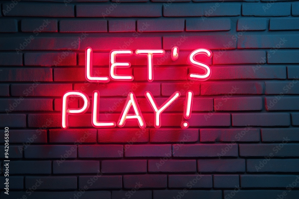 Let's Play neon text with brick wall background. Neon sign design template inscribed Let's Play. Let's Play neon text with brick wall background. Neon sign design template inscribed Let's Play.