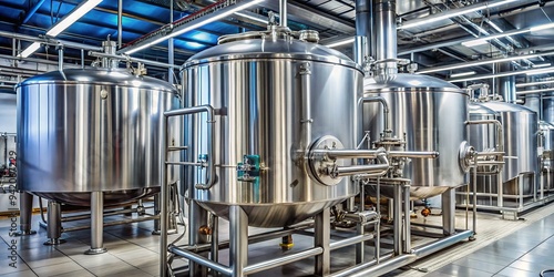 Shiny stainless steel tank with polished finish, connected to pipes and valves, sits in a modern industrial factory or brewery production facility setting.