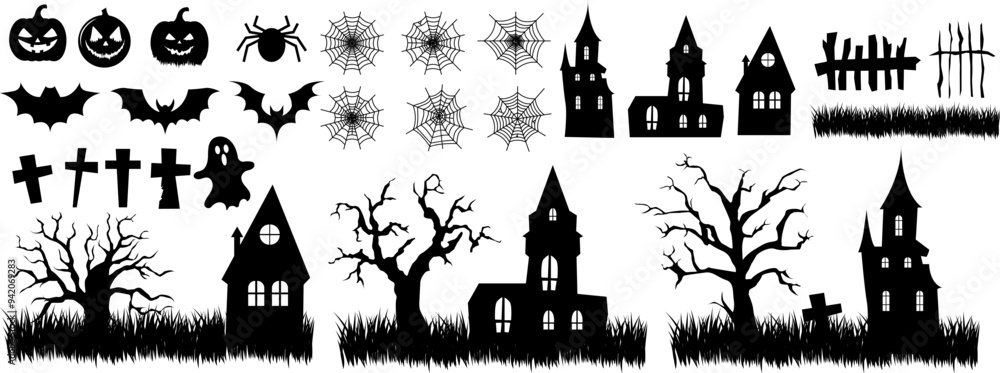 Obraz premium Large set of Halloween silhouettes. Hand drawn Halloween decorations elements: pumpkins with carved faces, cobwebs, spiders, bats, old houses with ghosts, grave crosses, old twisted trees, etc..