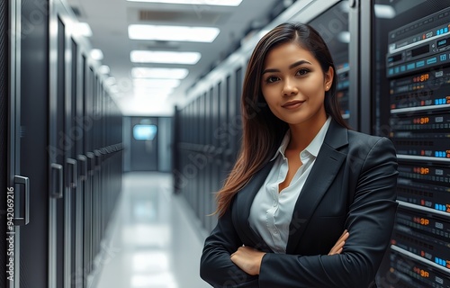 Woman in a business suit against a backdrop of servers in a data center.