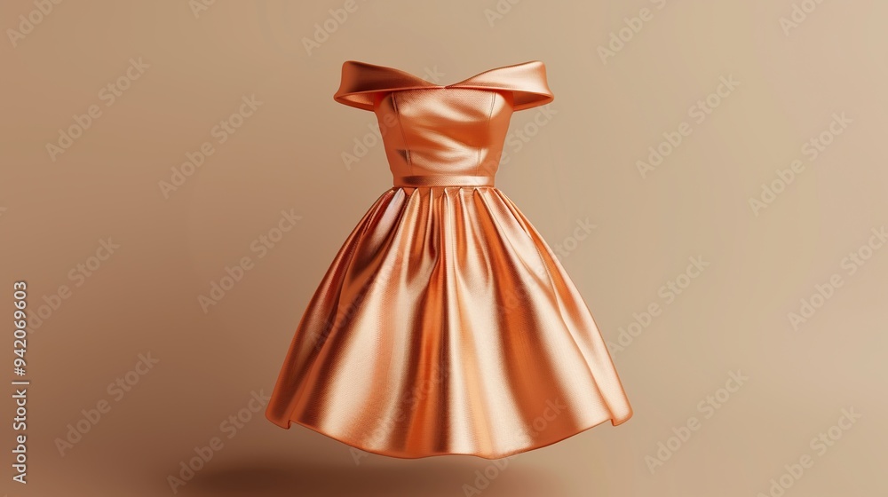 A copper colored off-the-shoulder dress with a full skirt floating against a beige background. A copper colored off-the-shoulder dress with a full skirt floating against a beige background.