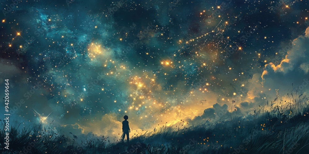 A lone figure gazes at the starry night sky. A lone figure gazes at the starry night sky.