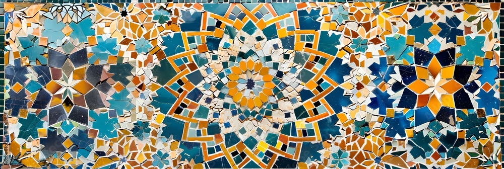 A vibrant mosaic featuring intricate geometric patterns in blue, orange, and yellow hues. A vibrant mosaic featuring intricate geometric patterns in blue, orange, and yellow hues.