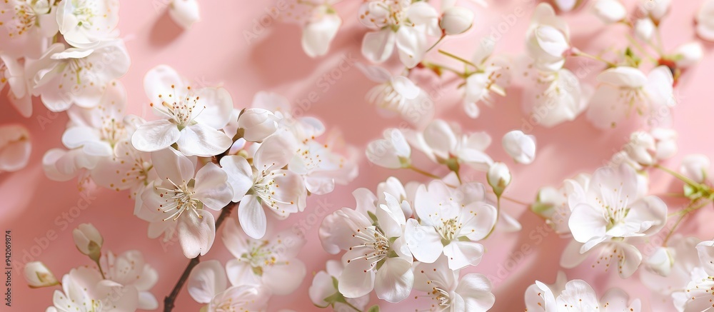 Fototapeta premium White Cherry Flowers On A Pink Background