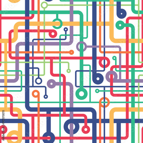 Abstract geometric composition with multicolored intersecting lines in a metro map style on a white background. Connection concept. Seamless repeating pattern. Vector illustration.