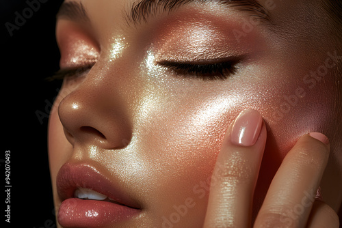 a hand applying highlighter to the cheekbone, with the shimmery finish catching the light
