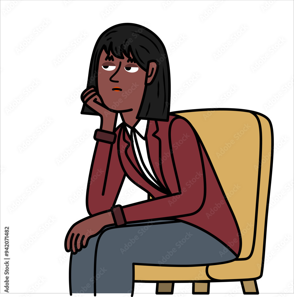 black Businesswoman sitting on a chair stressed and bored.eps black Businesswoman sitting on a chair stressed and bored.eps