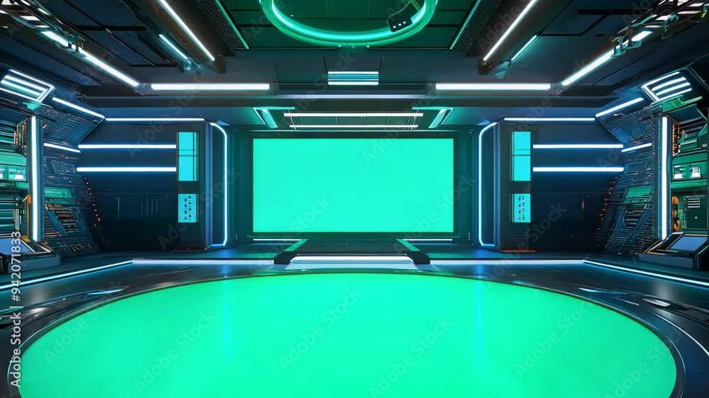 Futuristic Control Room with Neon Lights and Large Green Screen Display for Advanced Technological Operations Futuristic Control Room with Neon Lights and Large Green Screen Display for Advanced Technological Operations