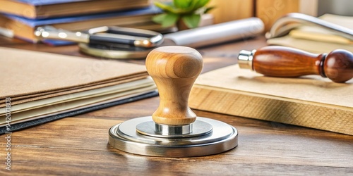 Small, wooden-handled office stamper with a circular rubber stamp and metal clip, sitting on a cluttered desk surrounded by papers and office supplies. photo