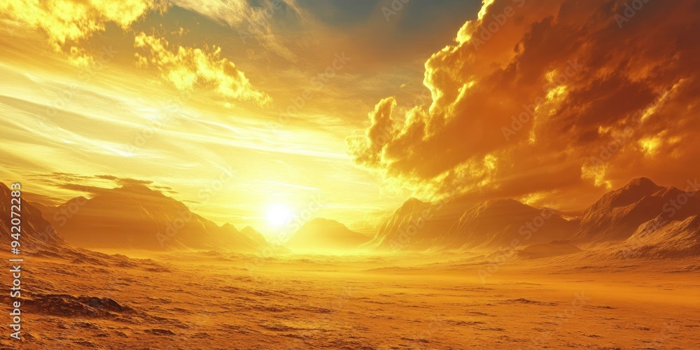 Golden sunset over a barren desert landscape. Golden sunset over a barren desert landscape.