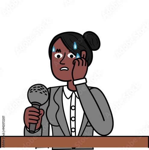 shy black businesswoman holding microphone showing fear.eps