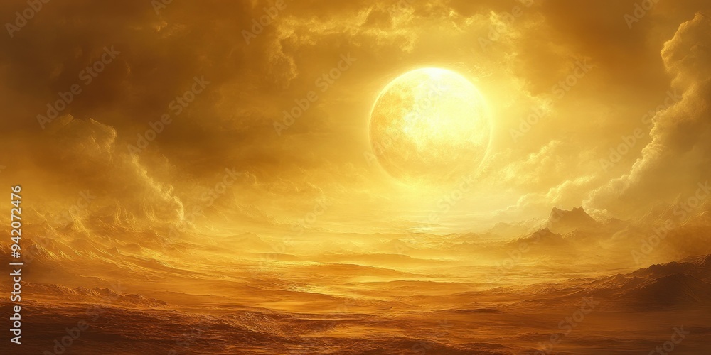 Fototapeta premium A large, golden moon over a desert landscape.