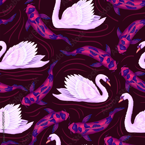 Seamless pattern with white swan and koi fishes. Vector.