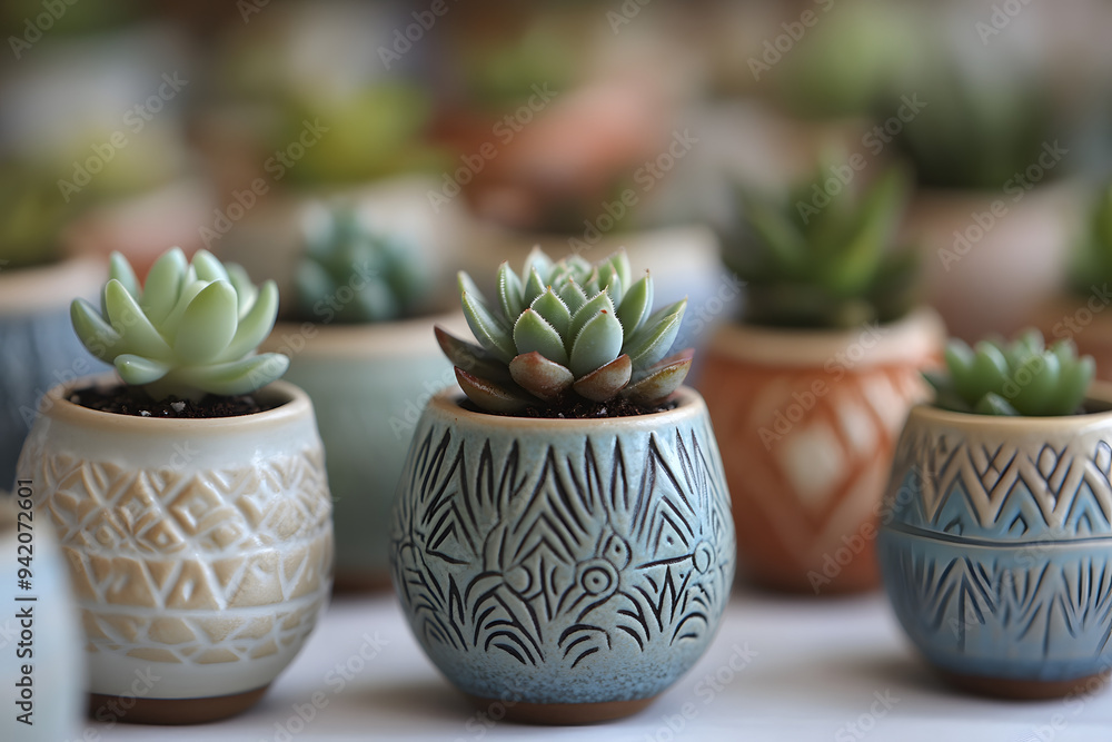 a collection of tiny ceramic planters, each holding a small succulent, with intricate patterns etched into the surface a collection of tiny ceramic planters, each holding a small succulent, with intricate patterns etched into the surface
