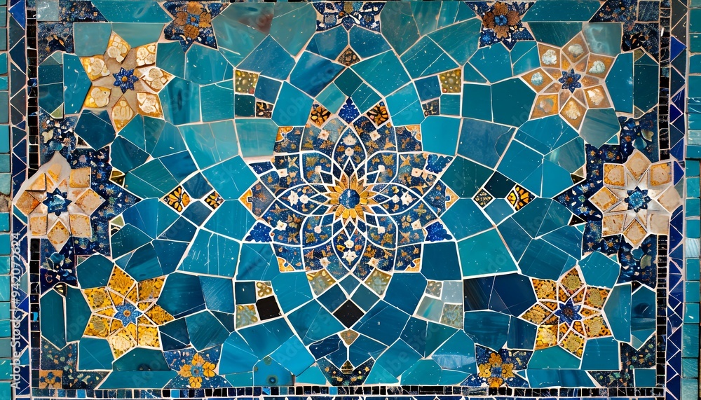 A vibrant mosaic featuring intricate geometric patterns in shades of blue and gold. A vibrant mosaic featuring intricate geometric patterns in shades of blue and gold.
