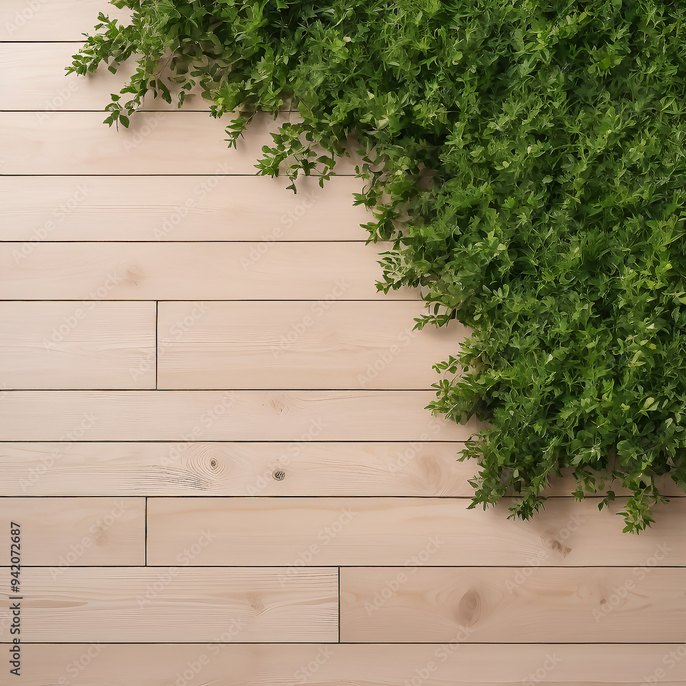 Wooden floor with green bushes Wooden floor with green bushes