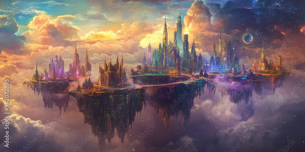 Fototapeta premium A floating city with skyscrapers in the clouds.