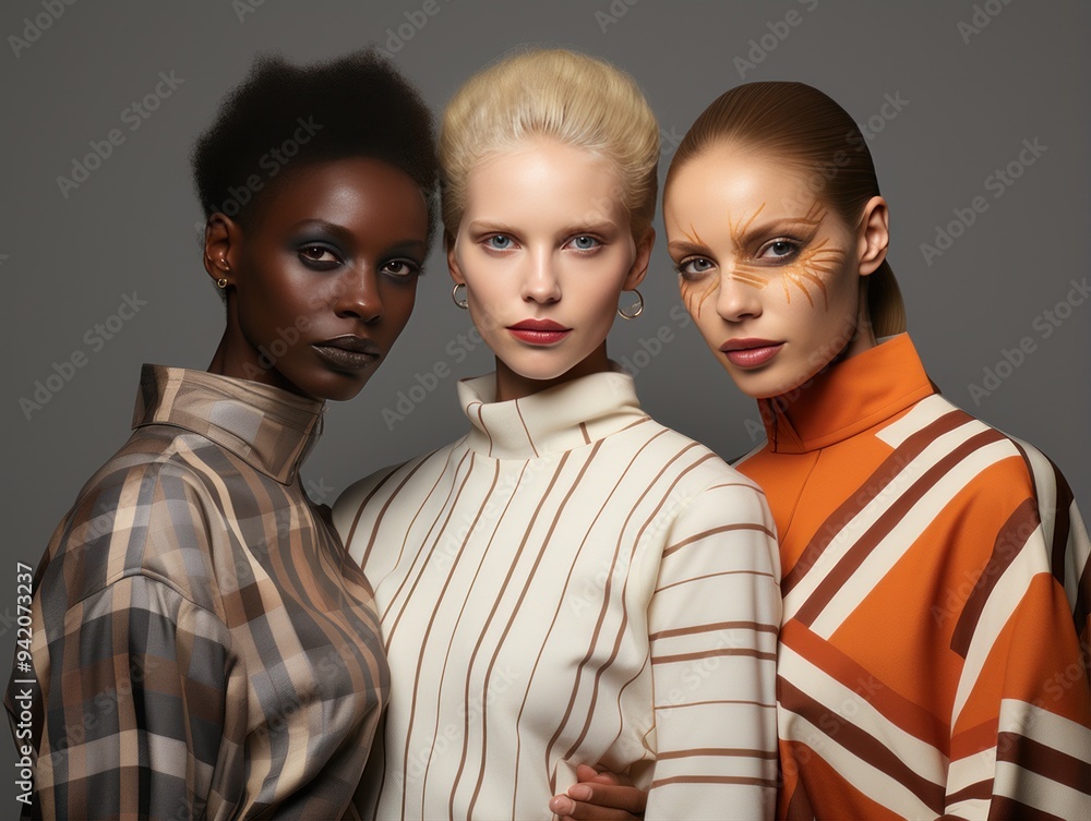 Diverse group of women. Black African American, Latin American and White caucasian girl models fashion portrait. The concept of beauty of different nationalities Diverse group of women. Black African American, Latin American and White caucasian girl models fashion portrait. The concept of beauty of different nationalities