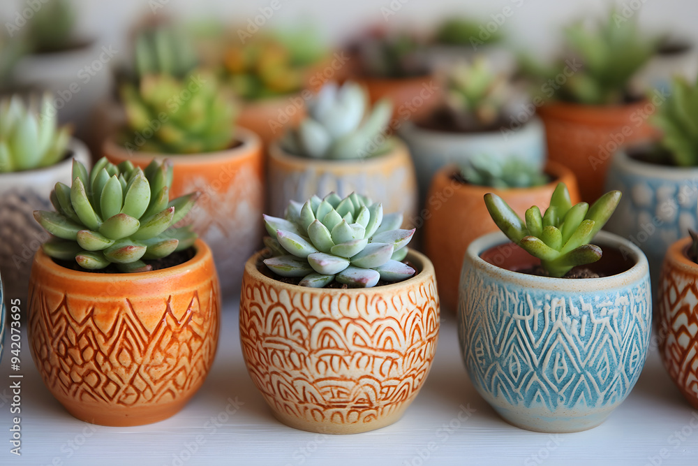 a collection of tiny ceramic planters, each holding a small succulent, with intricate patterns etched into the surface a collection of tiny ceramic planters, each holding a small succulent, with intricate patterns etched into the surface