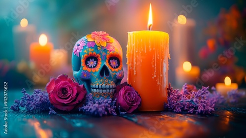 Colorful sugar skull adorned with flowers and candles for celebration