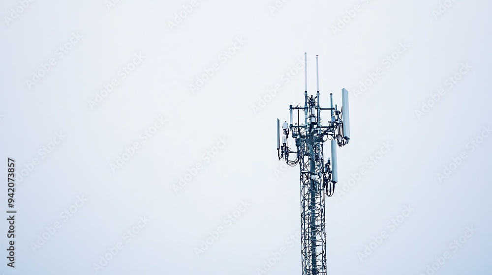A tall cell tower against a cloudy sky. This photo can be used for articles about telecommunications, technology, or infrastructure. A tall cell tower against a cloudy sky. This photo can be used for articles about telecommunications, technology, or infrastructure.