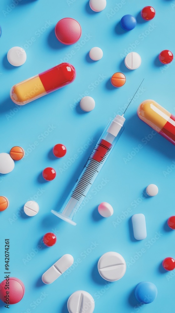 A variety of pills and a syringe on a blue background, symbolizing health and medication. A variety of pills and a syringe on a blue background, symbolizing health and medication.